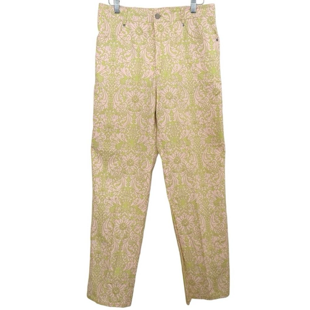 Averardo Bessi Damask Print Green Pink Straight Leg Italian Pants Size 8